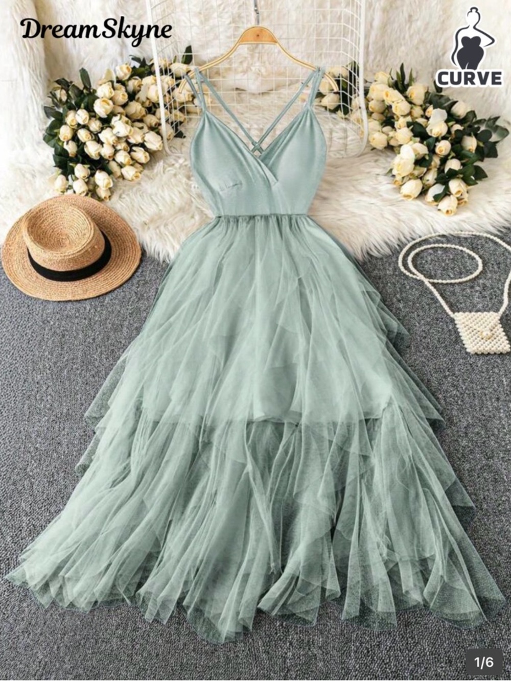 SHEIN Sage Green Layered Tulle High-Low Dress with Crisscross Straps